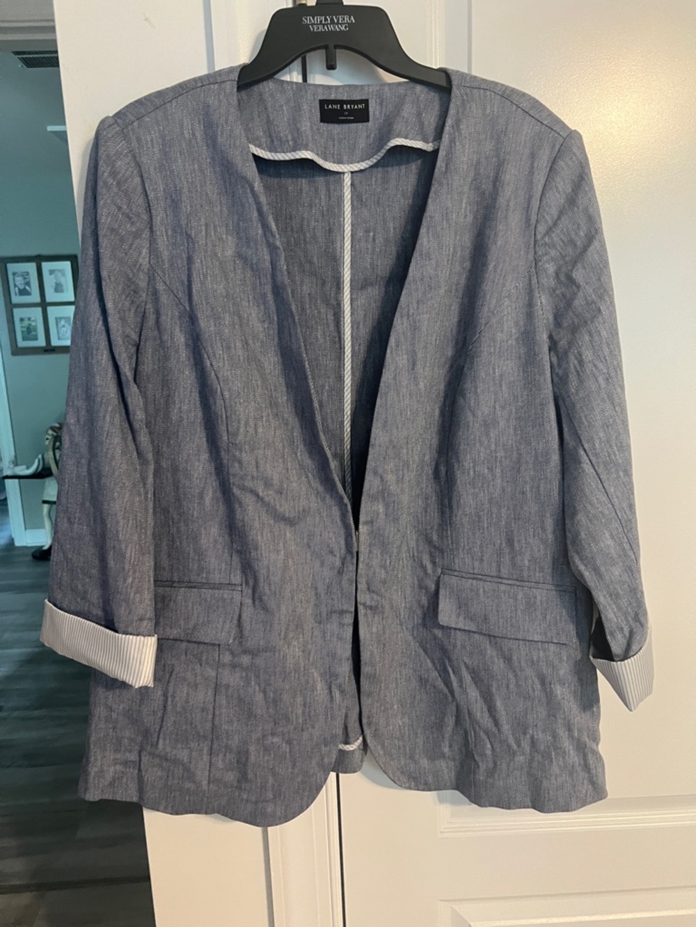 Lane Bryant Chambray Blue Collarless Open Blazer